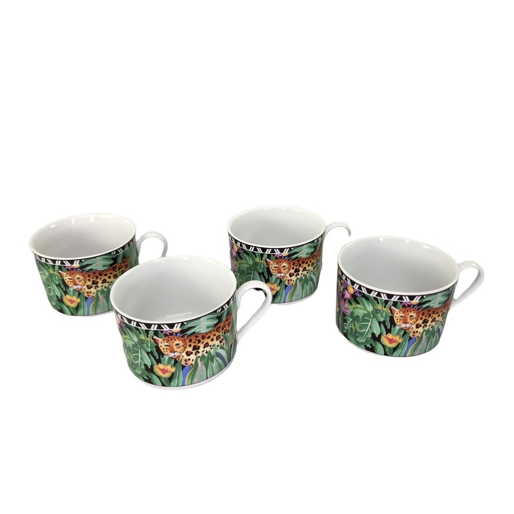Magic Jungle Coffee Cups Lot of 4 Sue Zipkin Leopard‎ Toucan Rainforest Sakura